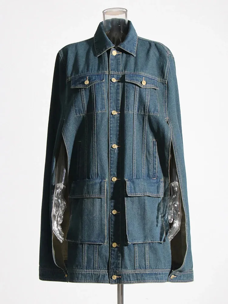 HEYFANCYSTYLE Denim Batwing Sleeve Cape Coat