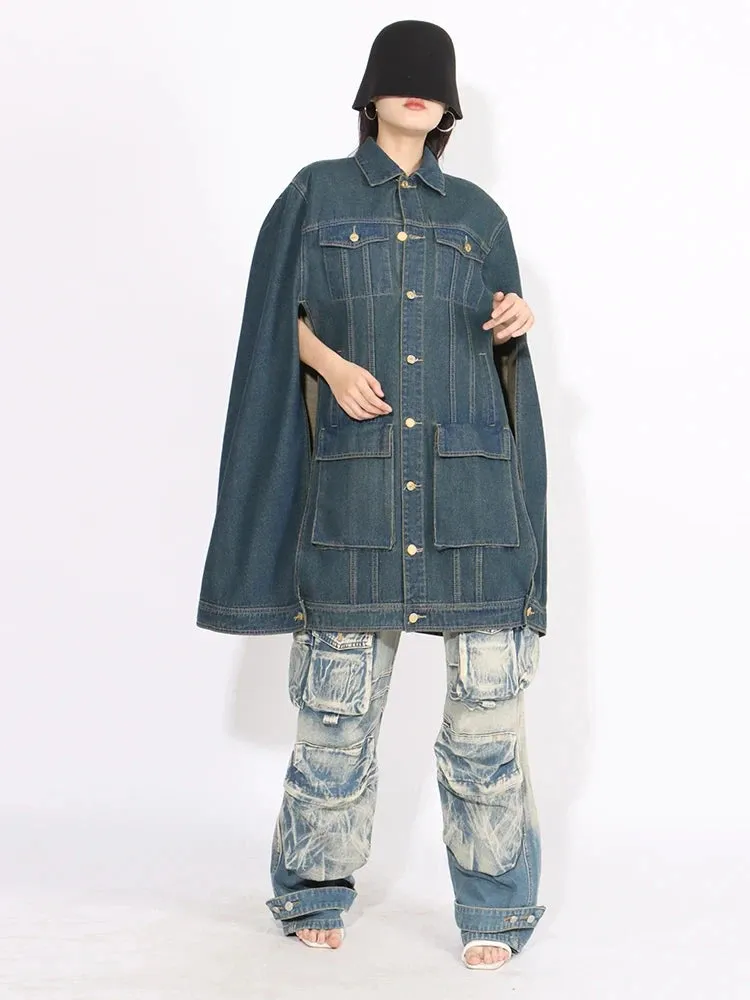 HEYFANCYSTYLE Denim Batwing Sleeve Cape Coat