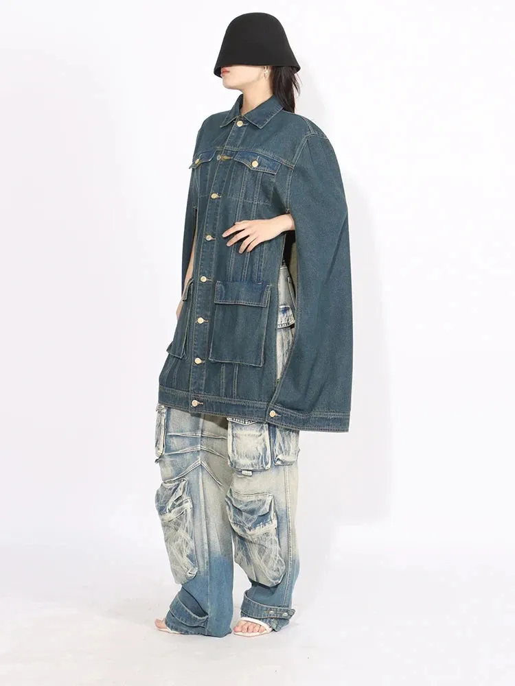 HEYFANCYSTYLE Denim Batwing Sleeve Cape Coat