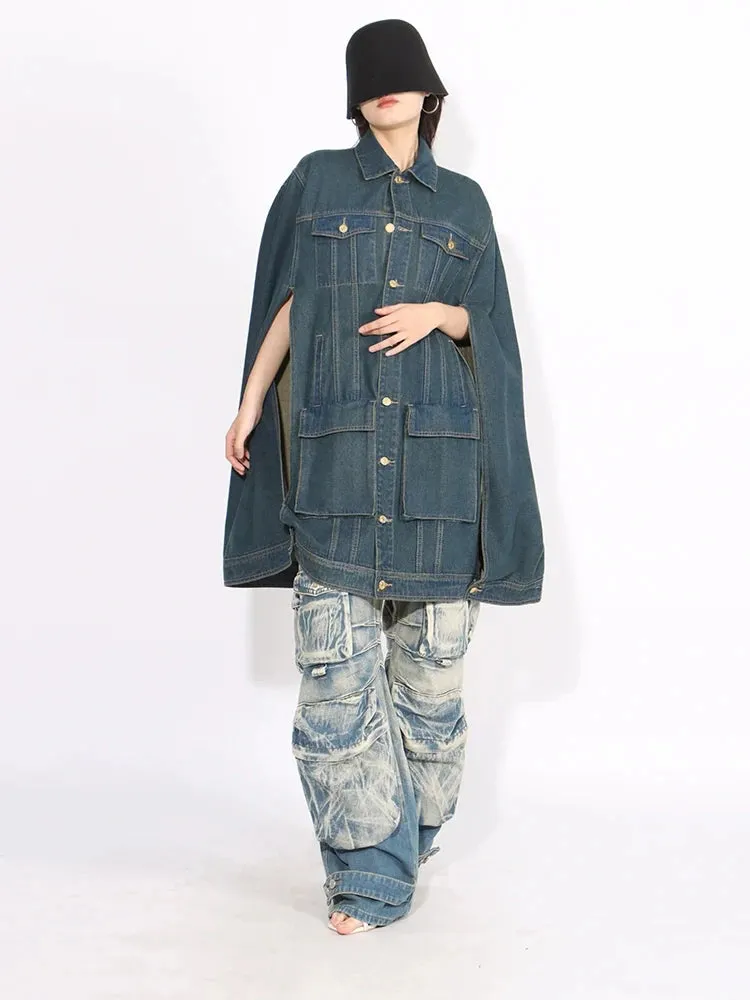 HEYFANCYSTYLE Denim Batwing Sleeve Cape Coat