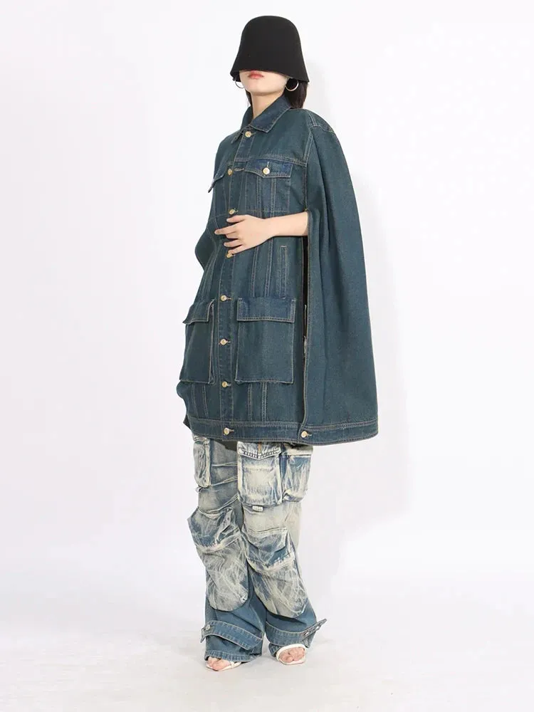 HEYFANCYSTYLE Denim Batwing Sleeve Cape Coat