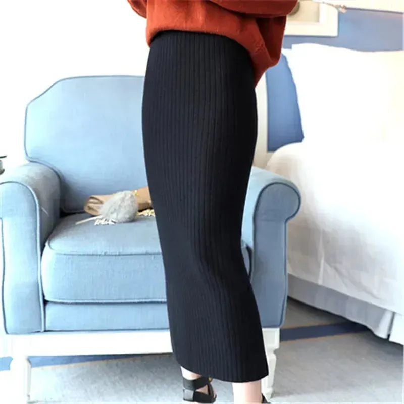 High Quality Autumn Winter Slim Belted Knitted Wool Midi Pencil Skirt