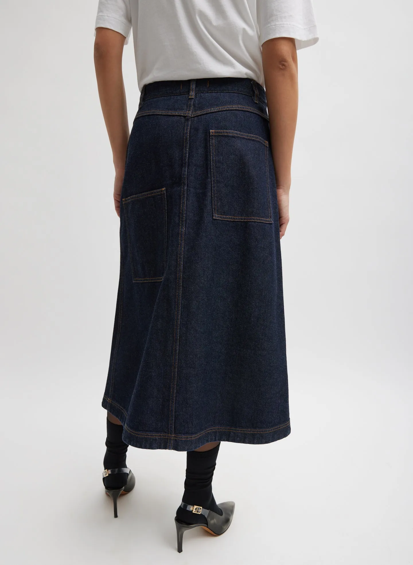 Indigo Denim Midi A-Line Skirt