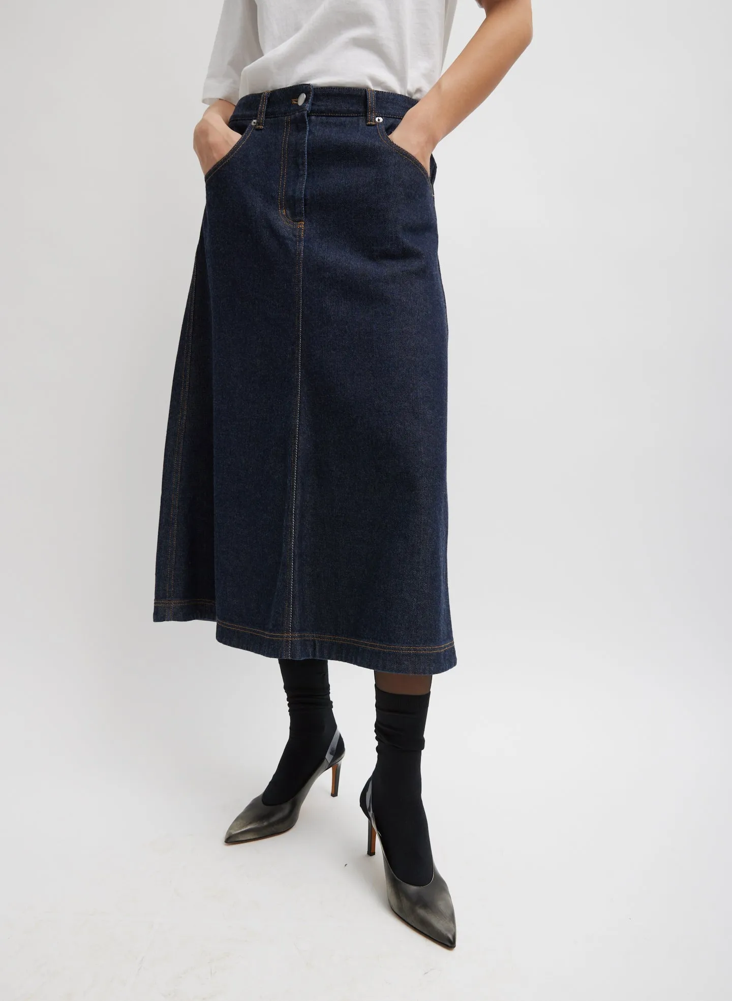 Indigo Denim Midi A-Line Skirt