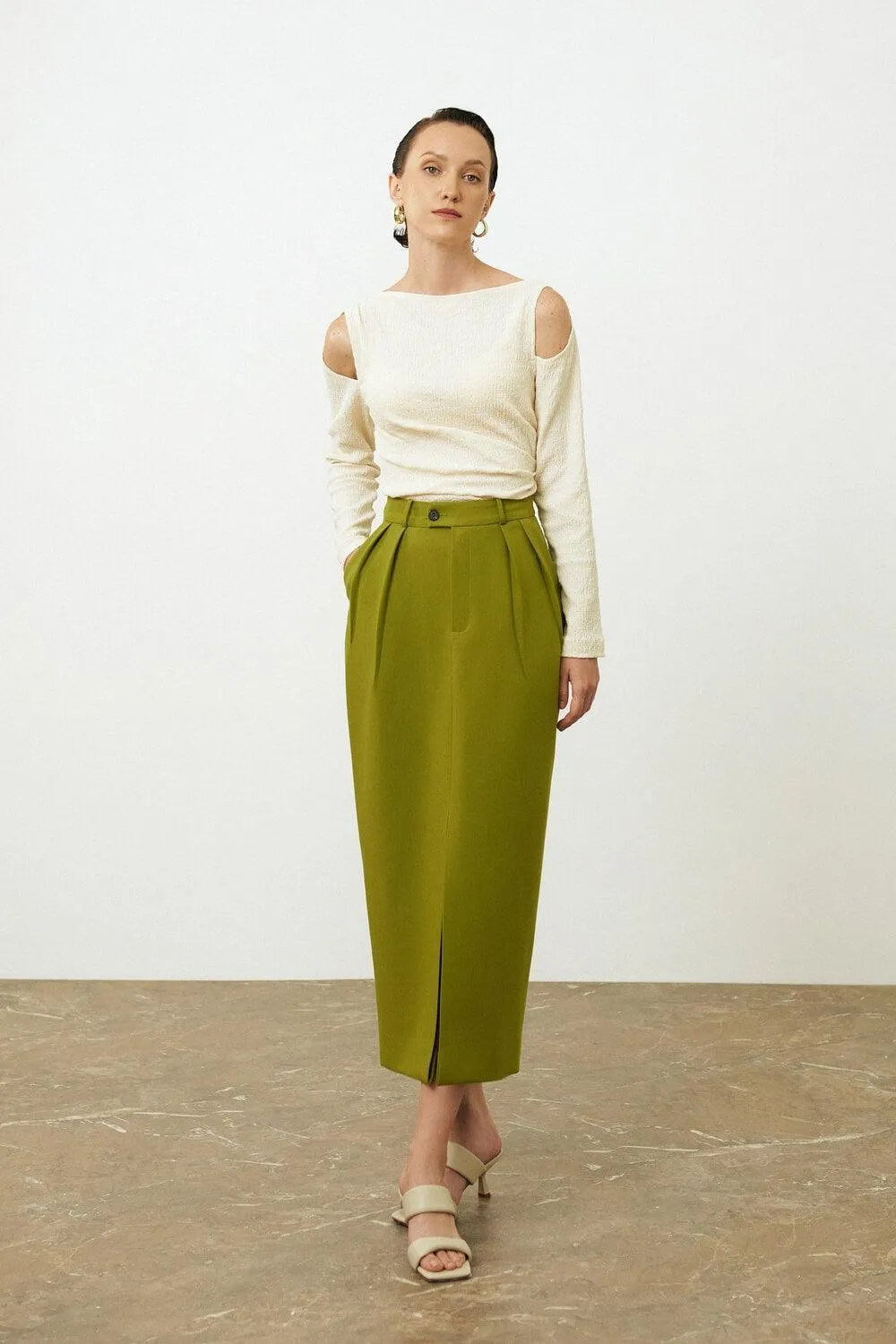 Ines Pencil Side Slit Twill Skirt
