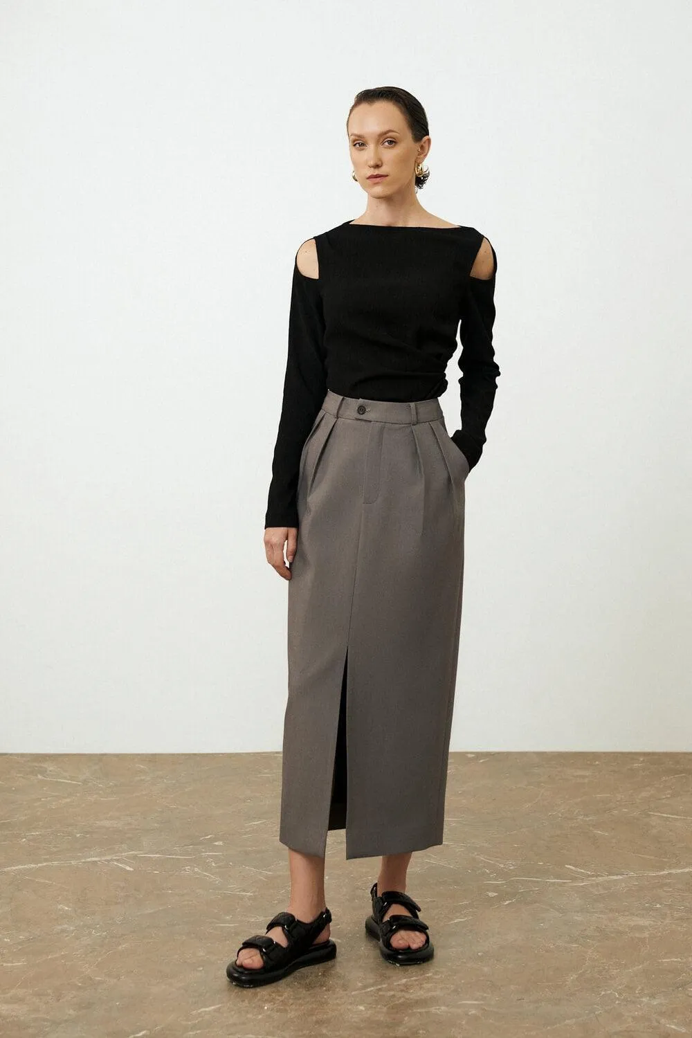 Ines Pencil Side Slit Twill Skirt