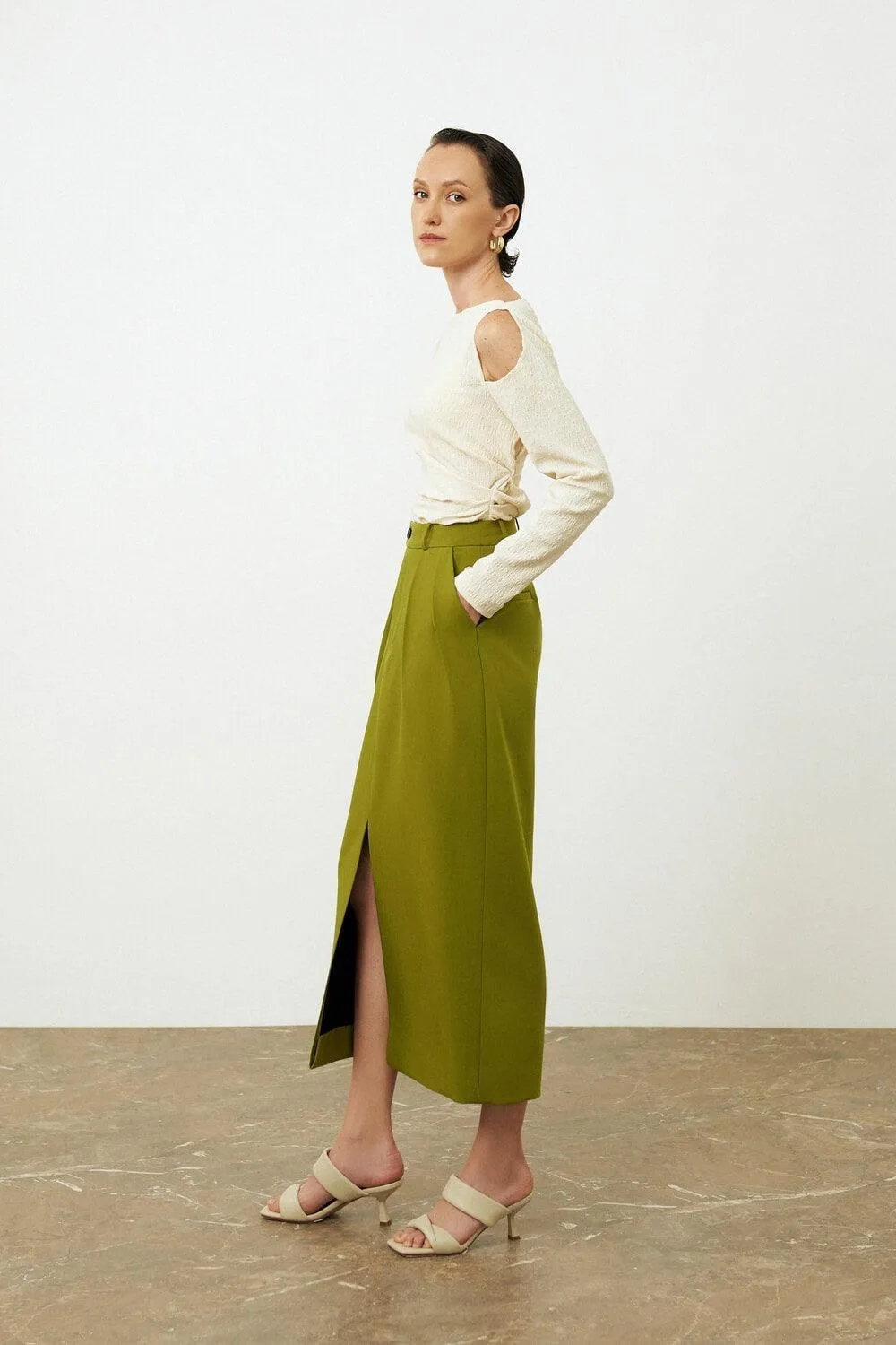 Ines Pencil Side Slit Twill Skirt