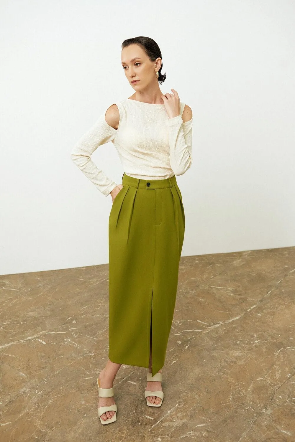 Ines Pencil Side Slit Twill Skirt