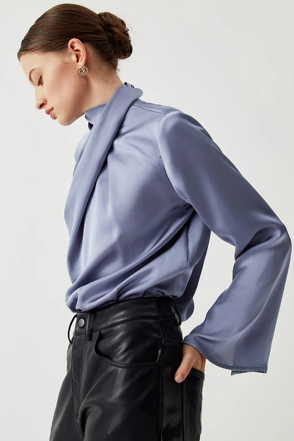Ivy Asymmetric Turtleneck Elegant Satin Shirt