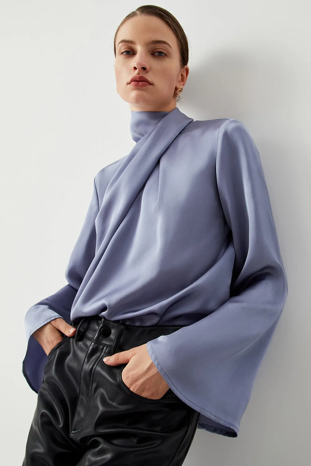 Ivy Asymmetric Turtleneck Elegant Satin Shirt