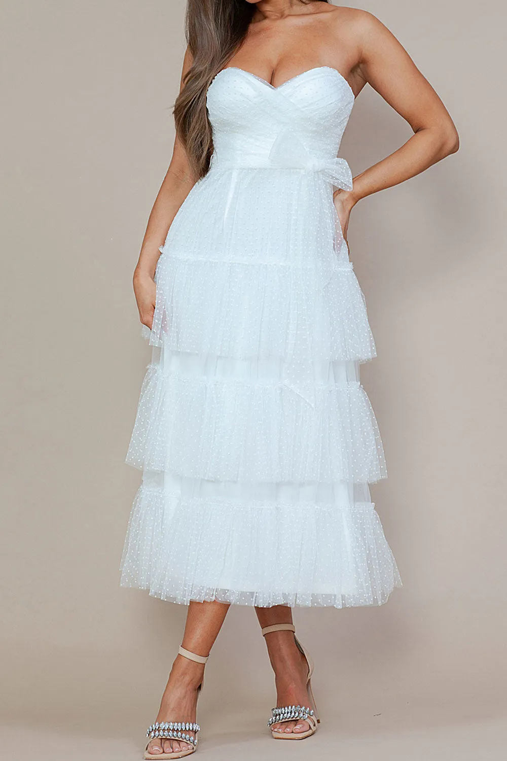 Joanna | White Polka Dot Strapless Midi Dress