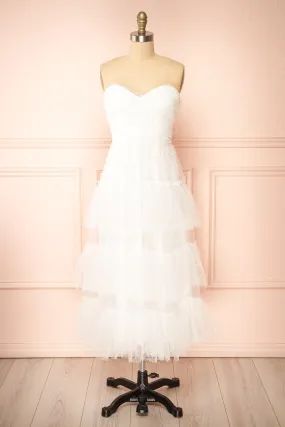 Joanna | White Polka Dot Strapless Midi Dress