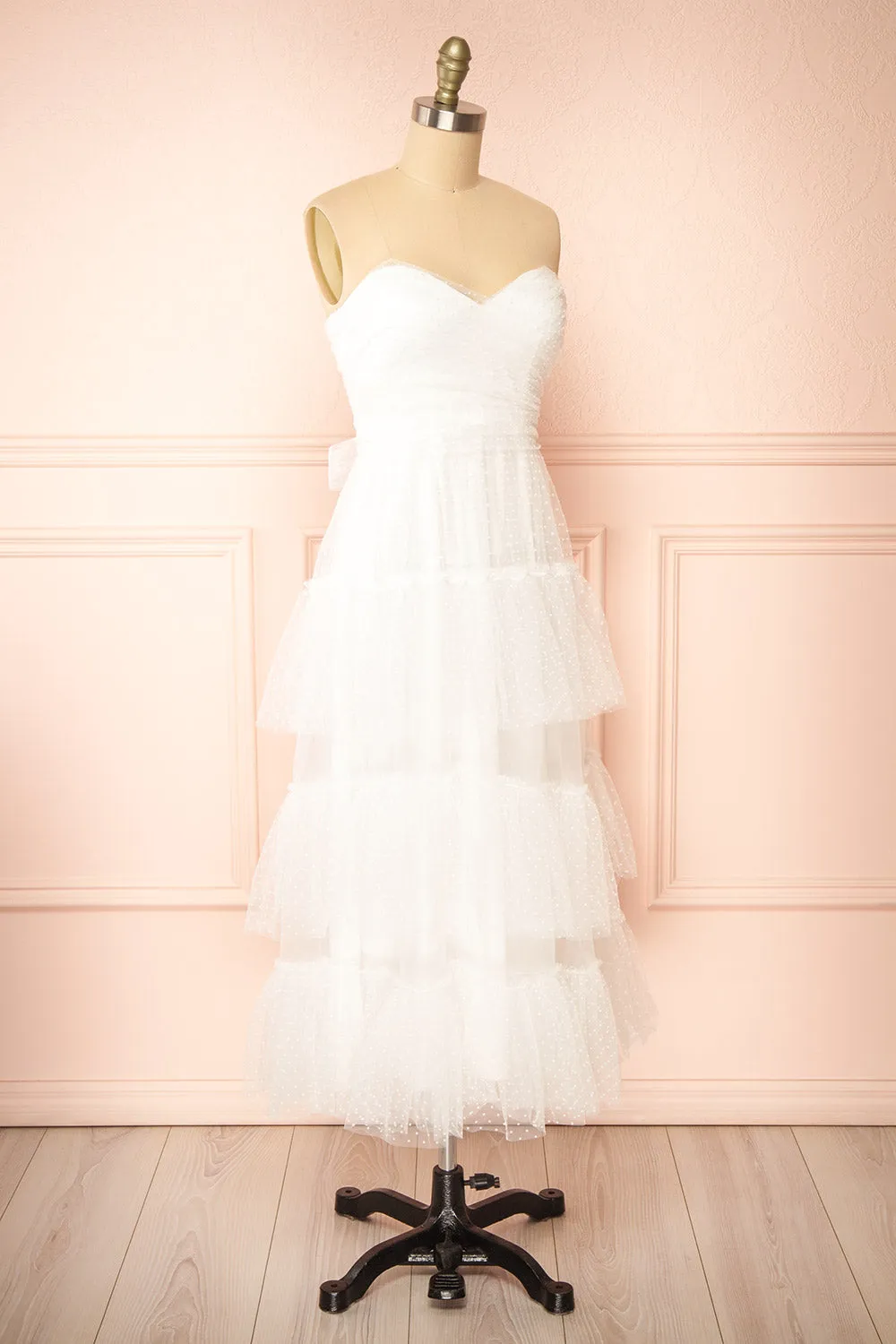 Joanna | White Polka Dot Strapless Midi Dress