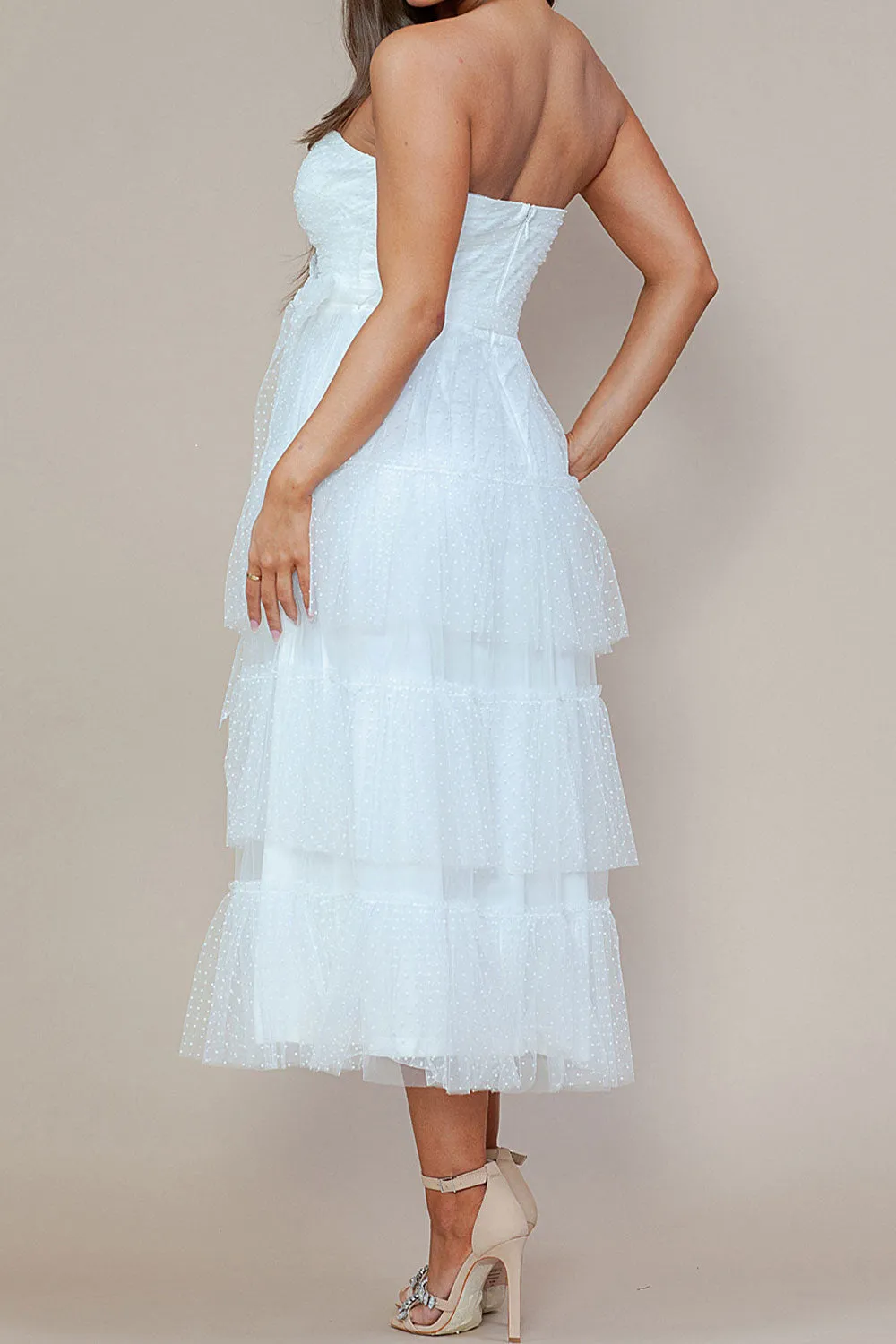 Joanna | White Polka Dot Strapless Midi Dress