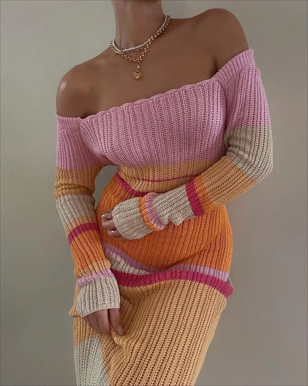 Joskaa 2024 fall fashion trends Long Contrast Color off-Shoulder Cut-out Beach Long Sleeve Knitted Striped Dress Women