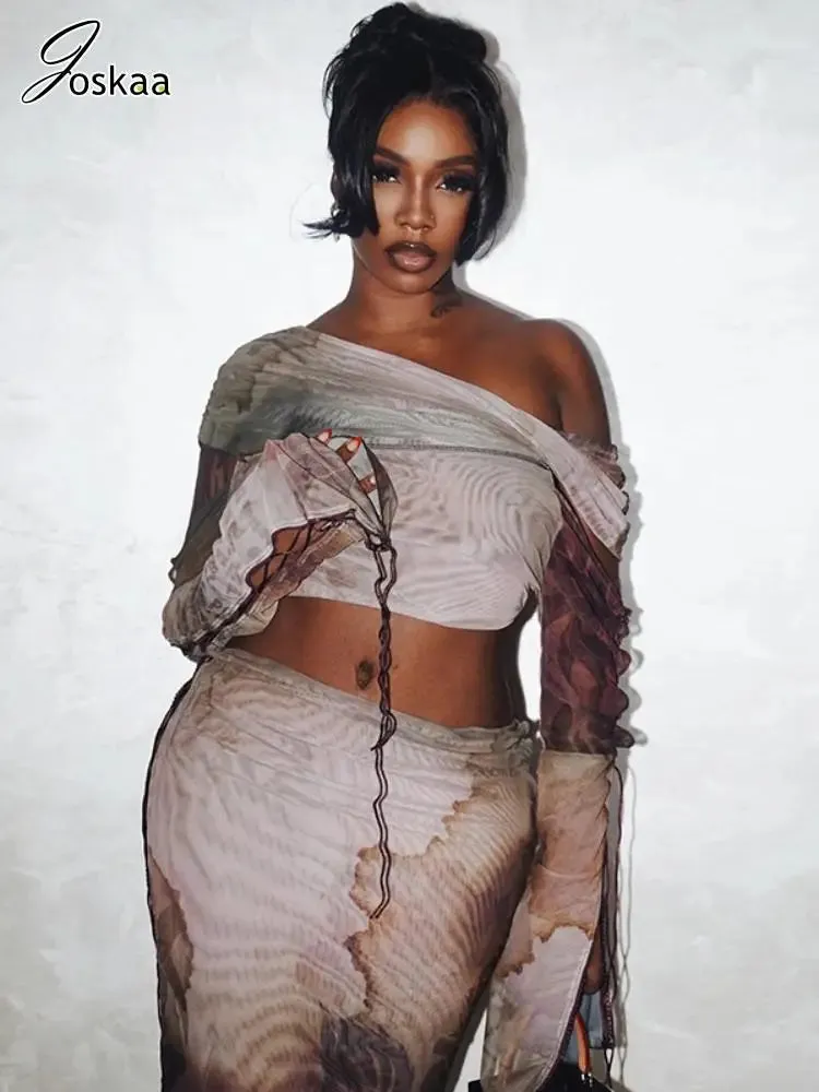 Joskaa Aesthetic Print 2 Piece Set Women Sexy Long Sleeve Drawstring Tops and Maxi Skirt Matching 2024 Party Club Outfits