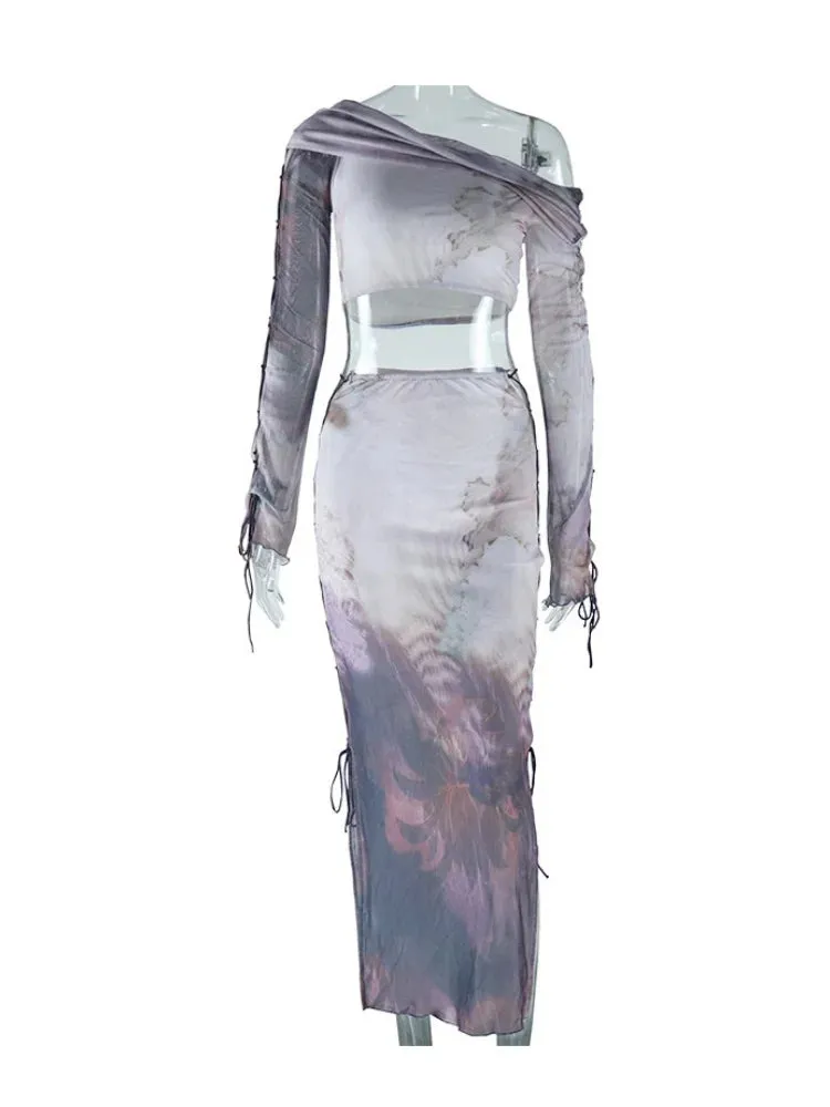 Joskaa Aesthetic Print 2 Piece Set Women Sexy Long Sleeve Drawstring Tops and Maxi Skirt Matching 2024 Party Club Outfits