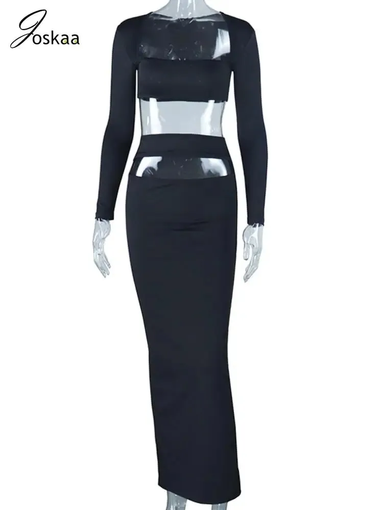 Joskaa Elagant Solid Two Piece Set Women Sexy Long Sleeve Crop Top and Cutout Maxi Skirt Matching 2024 Spring Party Club Outfits
