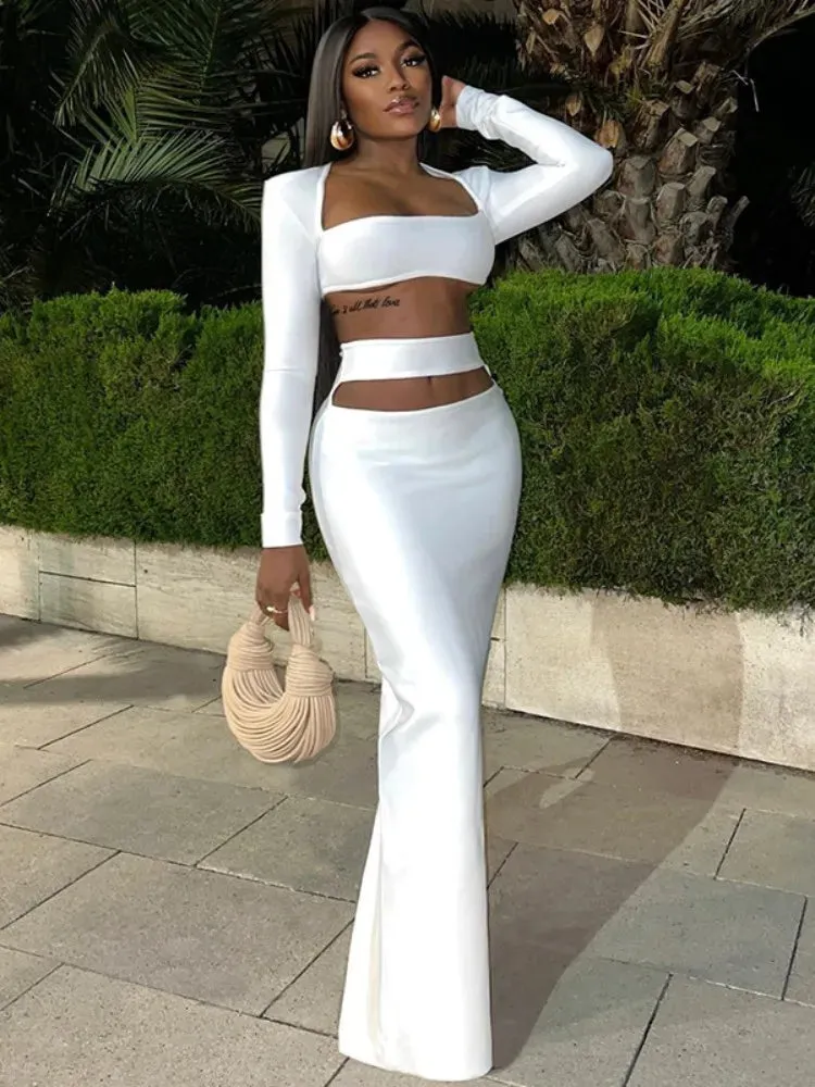 Joskaa Elagant Solid Two Piece Set Women Sexy Long Sleeve Crop Top and Cutout Maxi Skirt Matching 2024 Spring Party Club Outfits