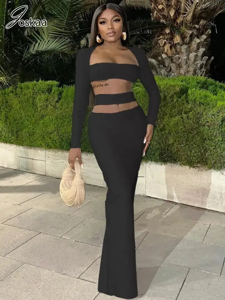Joskaa Elagant Solid Two Piece Set Women Sexy Long Sleeve Crop Top and Cutout Maxi Skirt Matching 2024 Spring Party Club Outfits