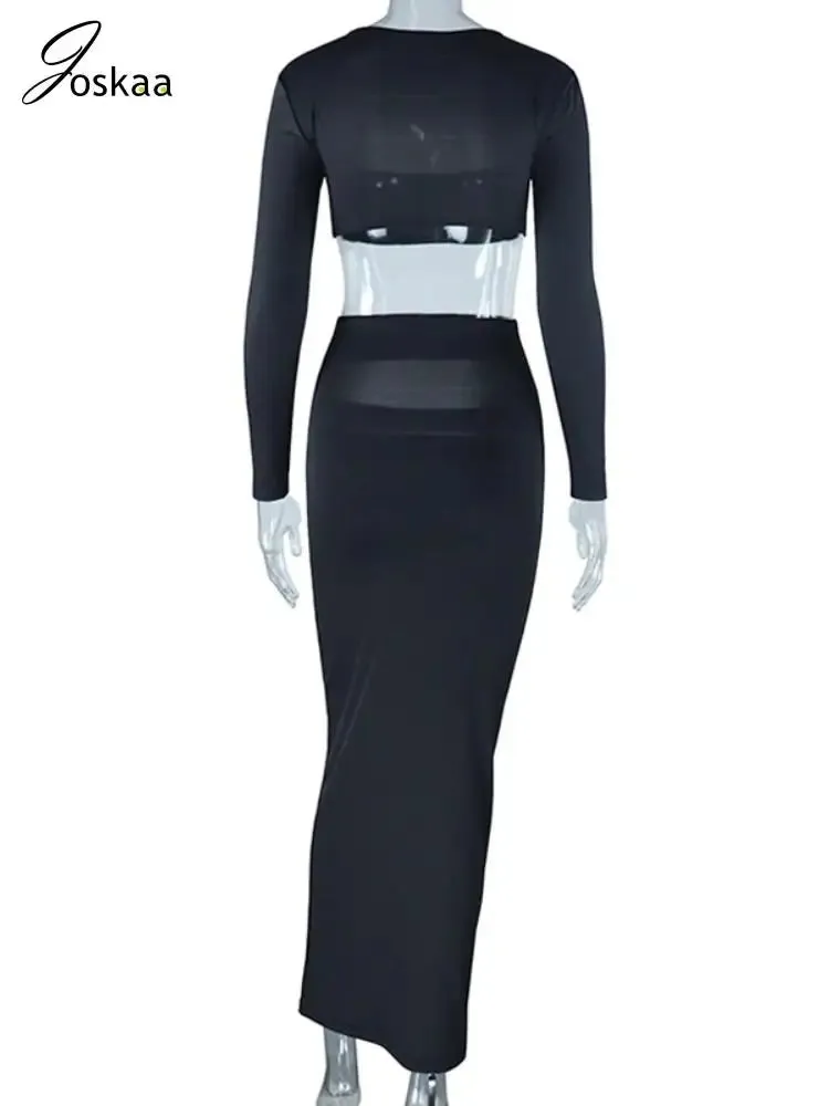 Joskaa Elagant Solid Two Piece Set Women Sexy Long Sleeve Crop Top and Cutout Maxi Skirt Matching 2024 Spring Party Club Outfits