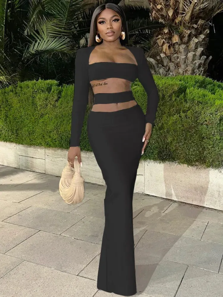 Joskaa Elagant Solid Two Piece Set Women Sexy Long Sleeve Crop Top and Cutout Maxi Skirt Matching 2024 Spring Party Club Outfits