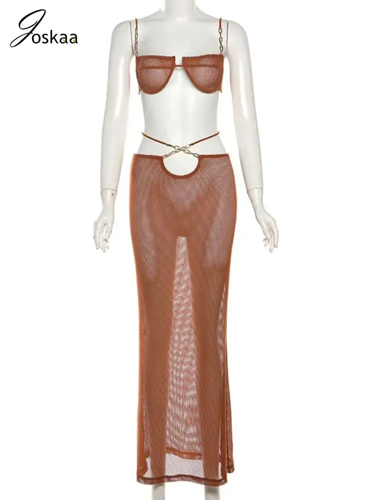 Joskaa Knit 2 Piece Set Women Sexy Metal Chain Camisole and Bandage Maxi Skirt Matching 2024 Summer Vacation Beach Outfits