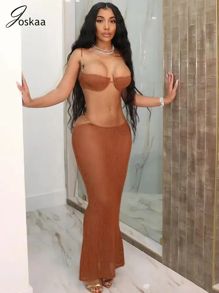 Joskaa Knit 2 Piece Set Women Sexy Metal Chain Camisole and Bandage Maxi Skirt Matching 2024 Summer Vacation Beach Outfits