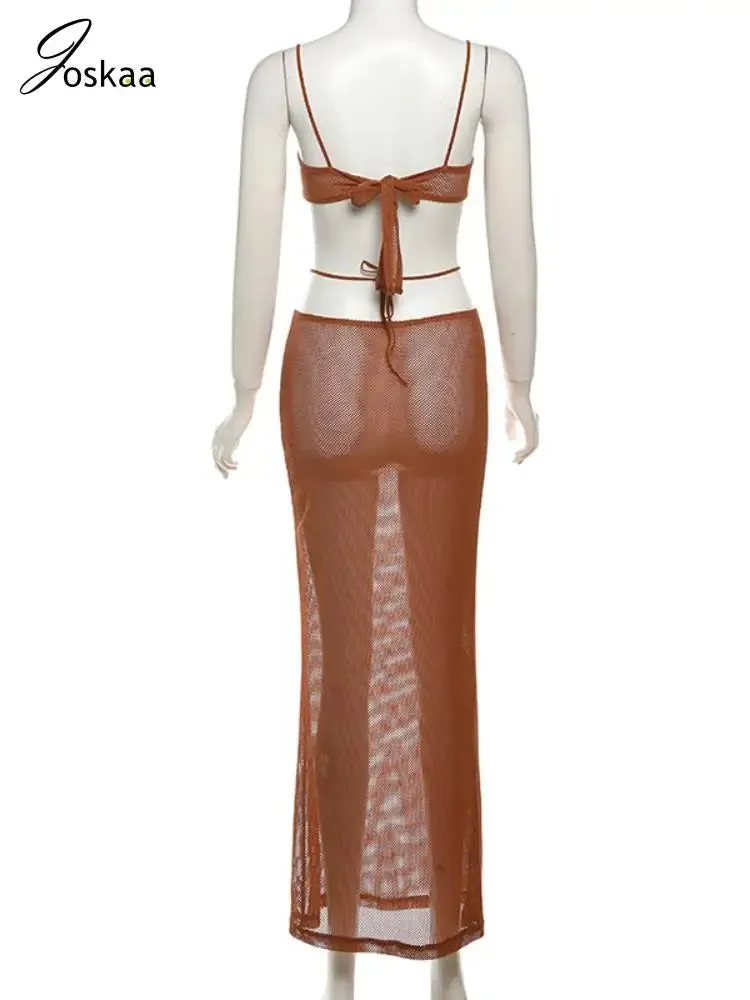 Joskaa Knit 2 Piece Set Women Sexy Metal Chain Camisole and Bandage Maxi Skirt Matching 2024 Summer Vacation Beach Outfits