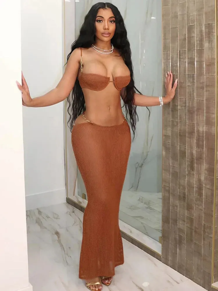 Joskaa Knit 2 Piece Set Women Sexy Metal Chain Camisole and Bandage Maxi Skirt Matching 2024 Summer Vacation Beach Outfits