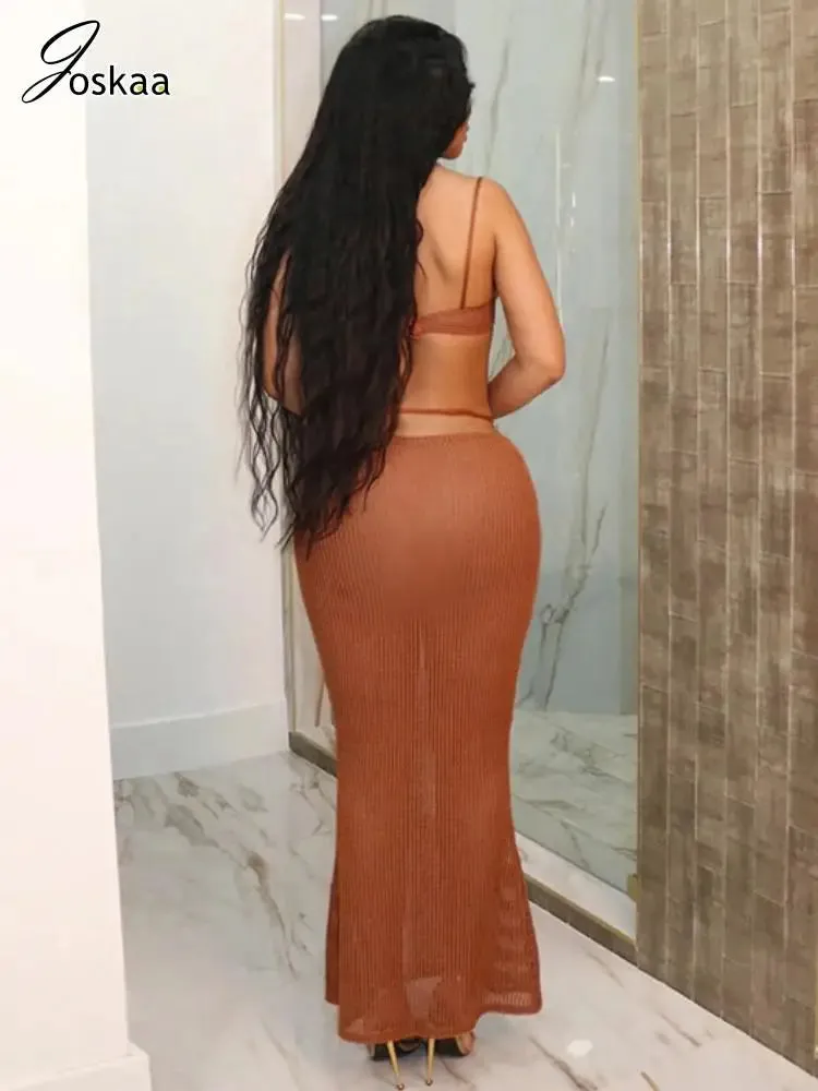 Joskaa Knit 2 Piece Set Women Sexy Metal Chain Camisole and Bandage Maxi Skirt Matching 2024 Summer Vacation Beach Outfits