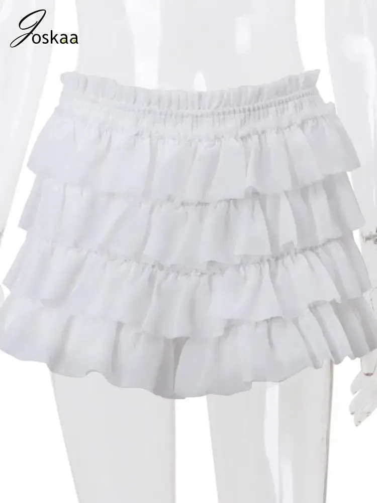 Joskaa Knit Splice White 2 Piece Sets Women Outfit Sexy Long Sleeve Tops and Mini Tiered Skirts Suits 2024 Summer Nightclub Wear