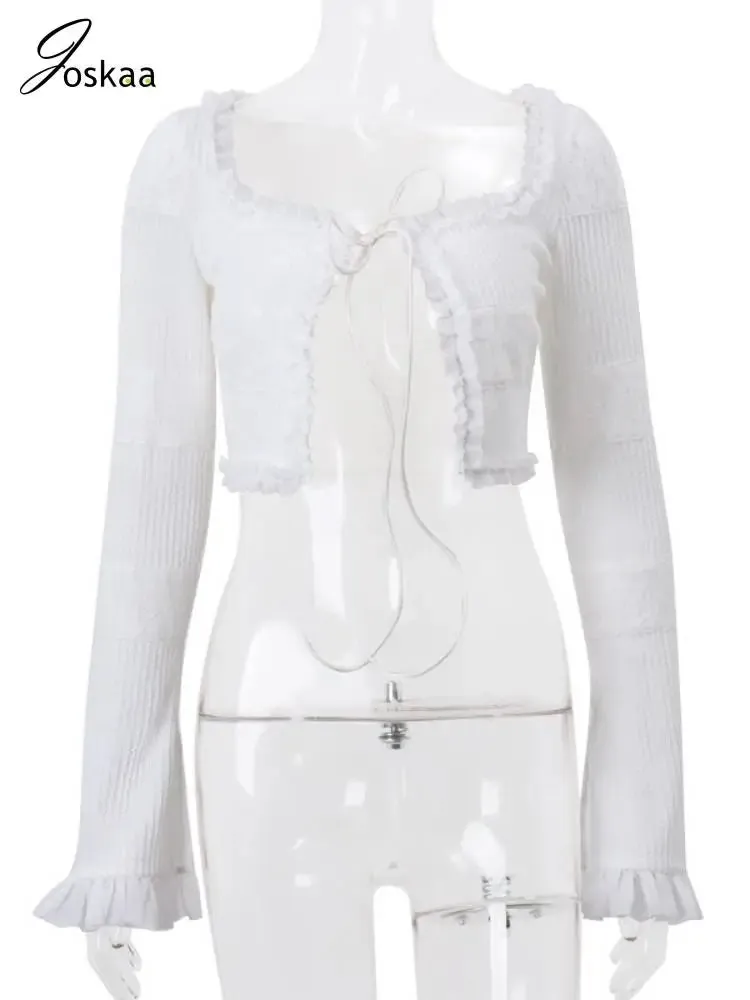 Joskaa Knit Splice White 2 Piece Sets Women Outfit Sexy Long Sleeve Tops and Mini Tiered Skirts Suits 2024 Summer Nightclub Wear