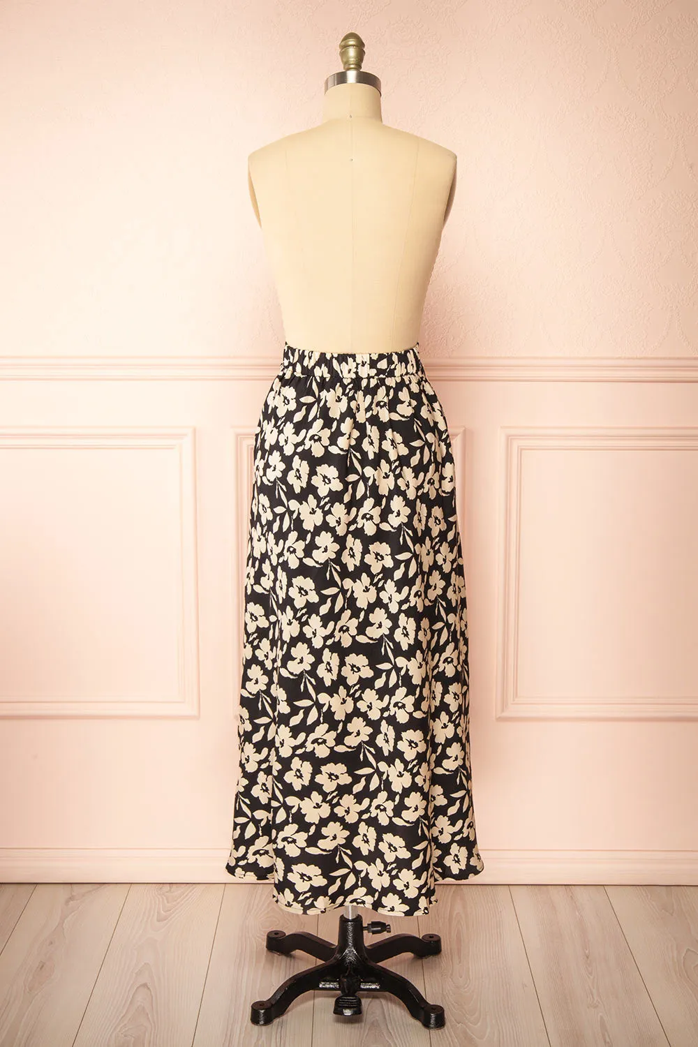 Kelly Black | Floral Satin Midi Skirt w/ Pockets