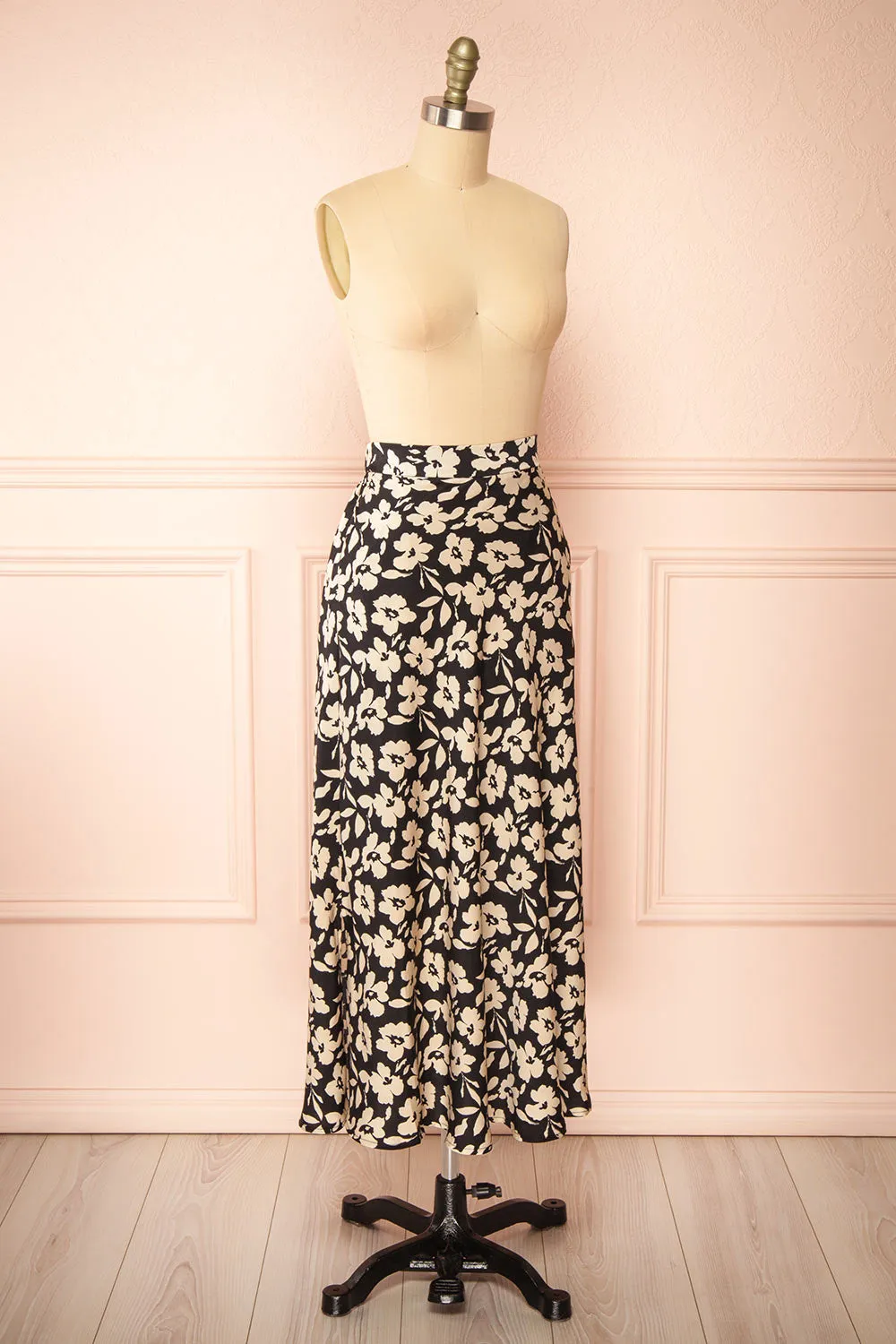 Kelly Black | Floral Satin Midi Skirt w/ Pockets