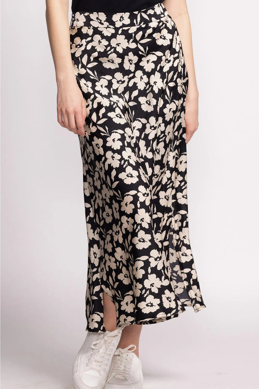 Kelly Black | Floral Satin Midi Skirt w/ Pockets
