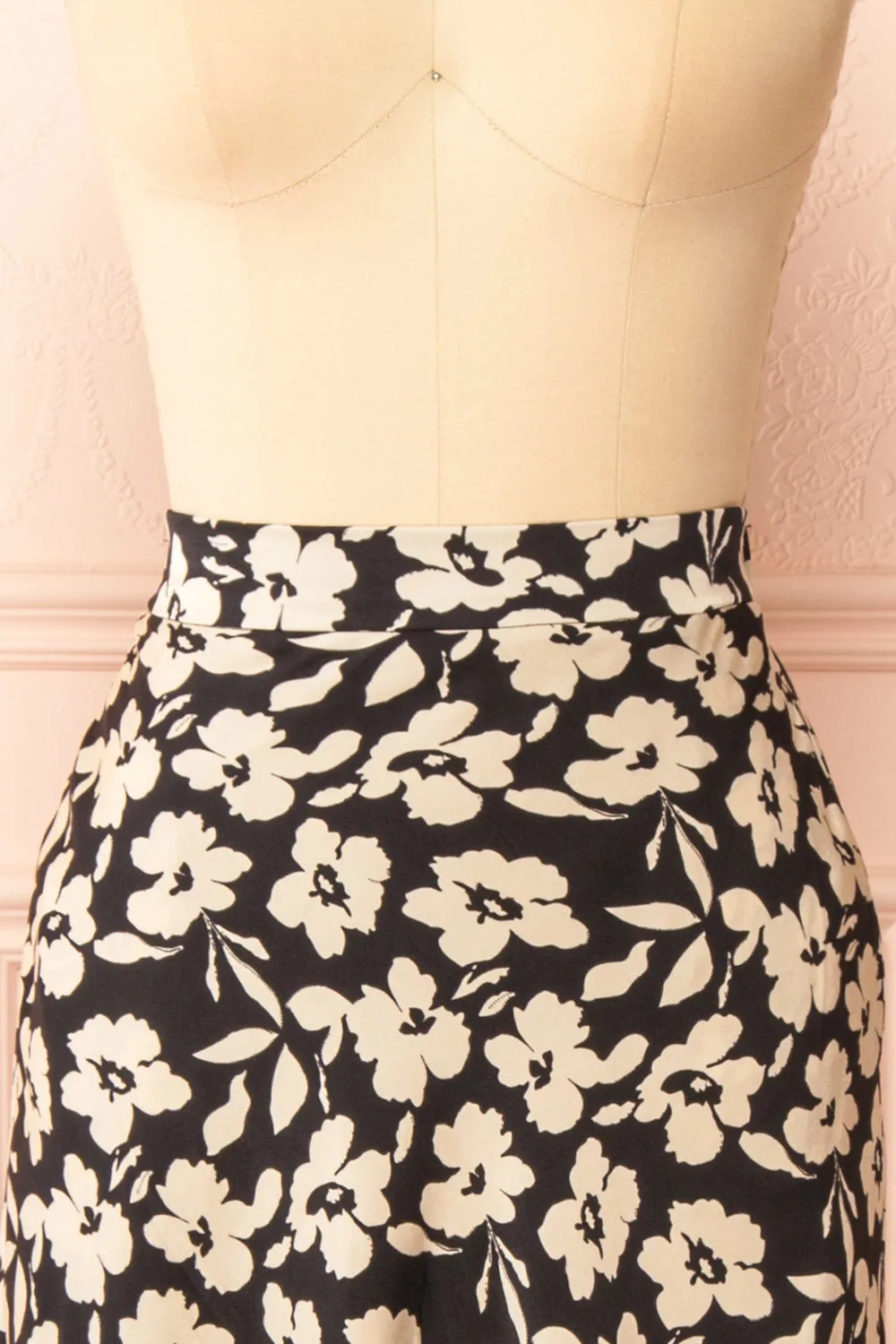 Kelly Black | Floral Satin Midi Skirt w/ Pockets