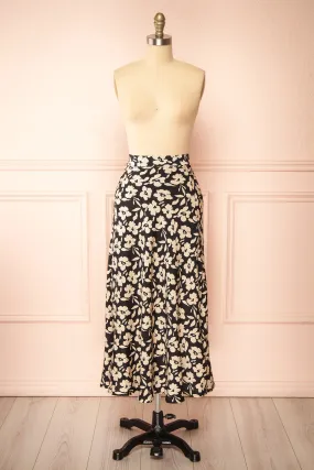 Kelly Black | Floral Satin Midi Skirt w/ Pockets