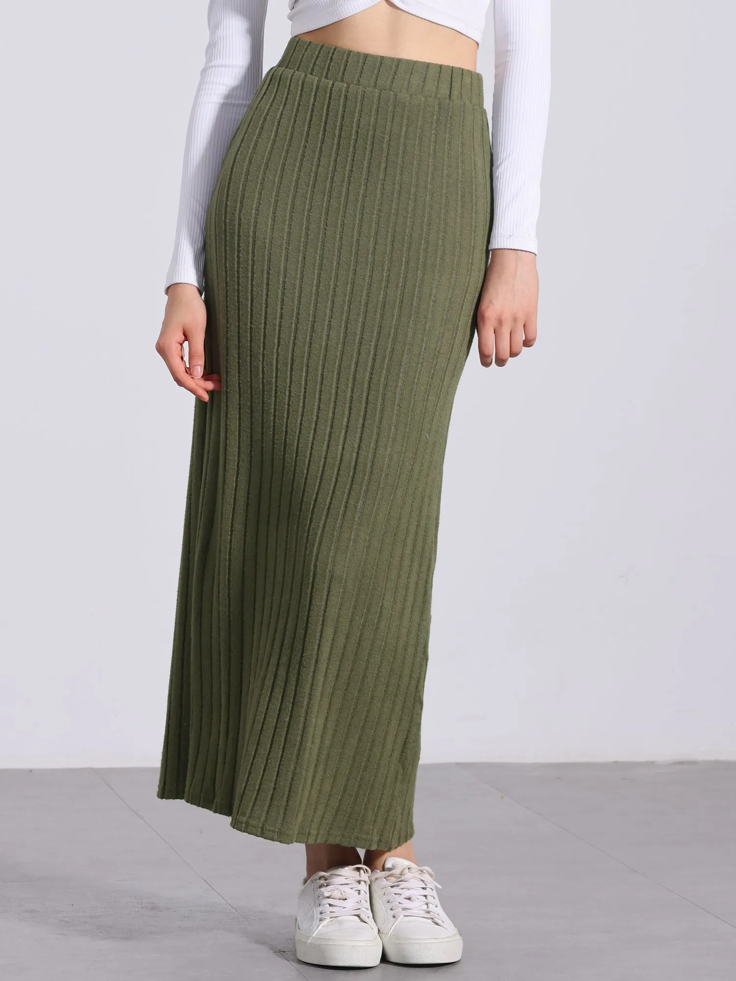 Knitted Textured Solid Color Slit Maxi Pencil Skirt