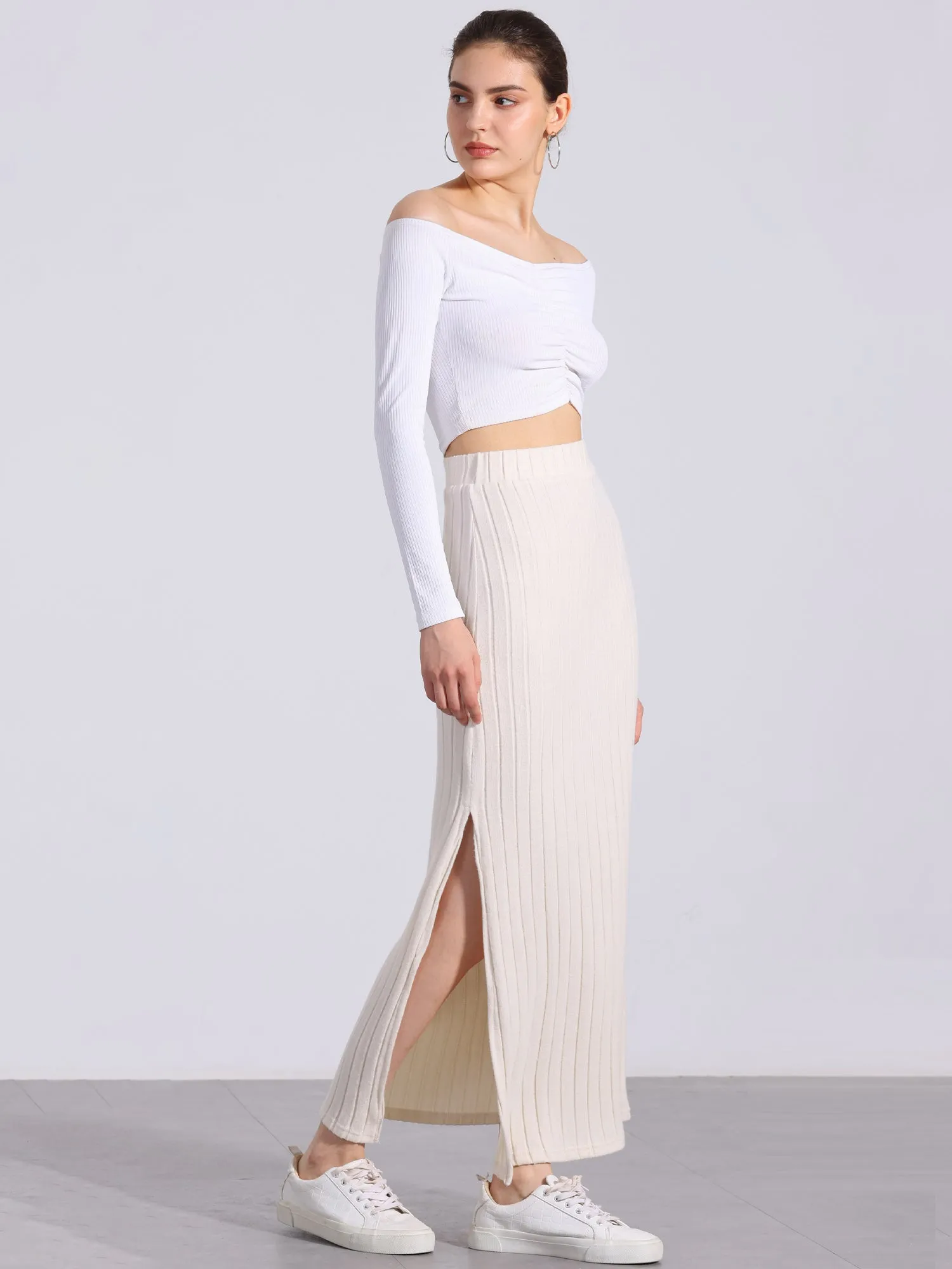 Knitted Textured Solid Color Slit Maxi Pencil Skirt