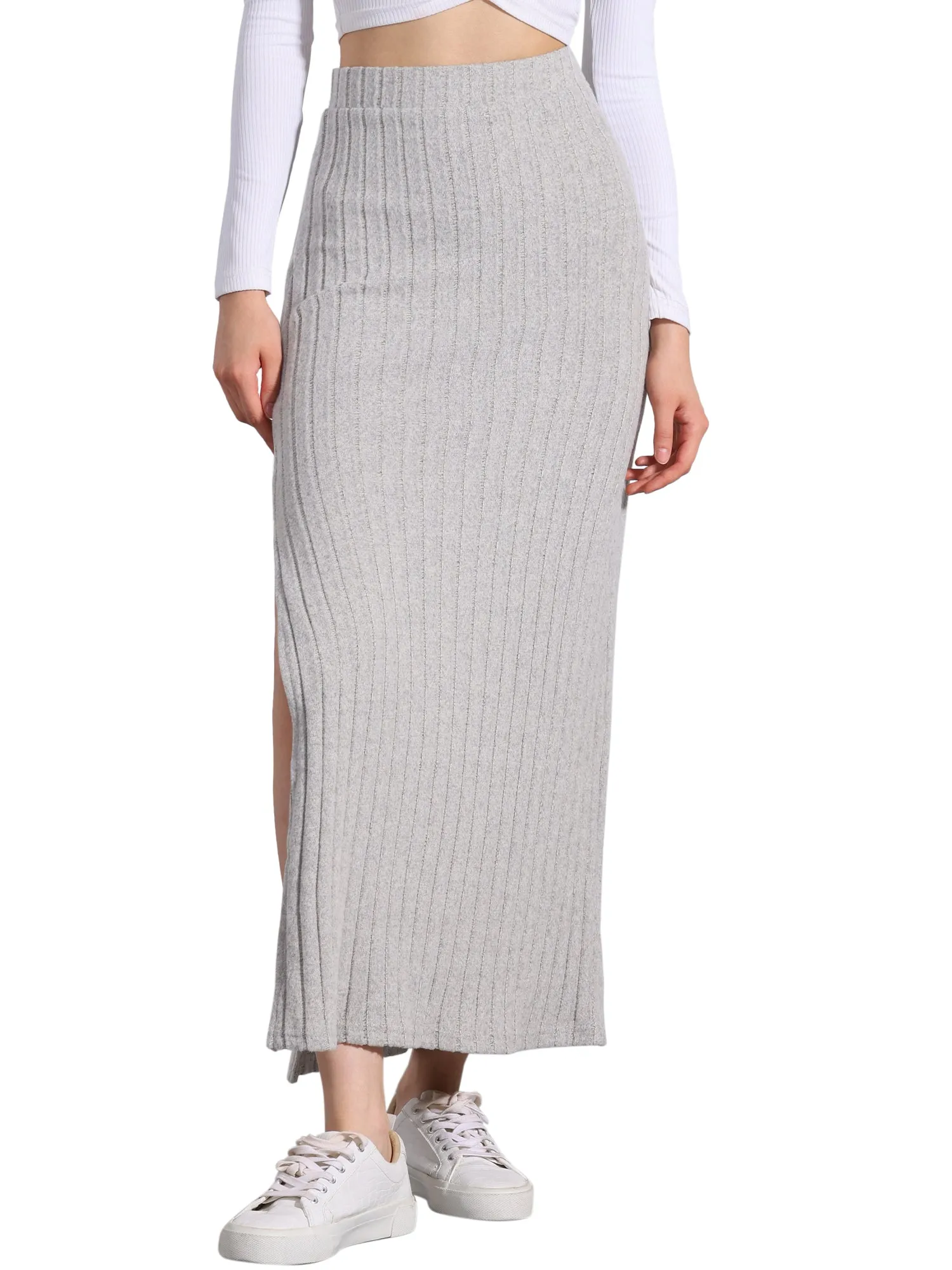 Knitted Textured Solid Color Slit Maxi Pencil Skirt