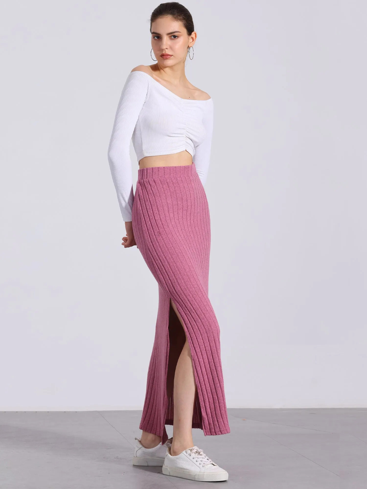 Knitted Textured Solid Color Slit Maxi Pencil Skirt