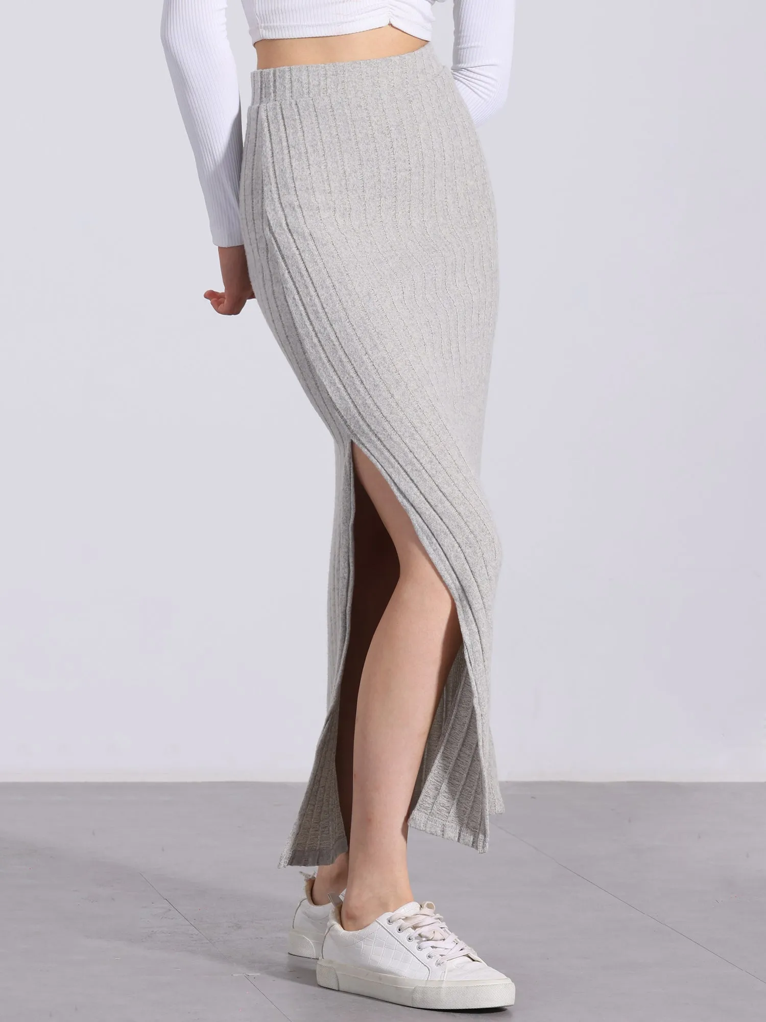 Knitted Textured Solid Color Slit Maxi Pencil Skirt