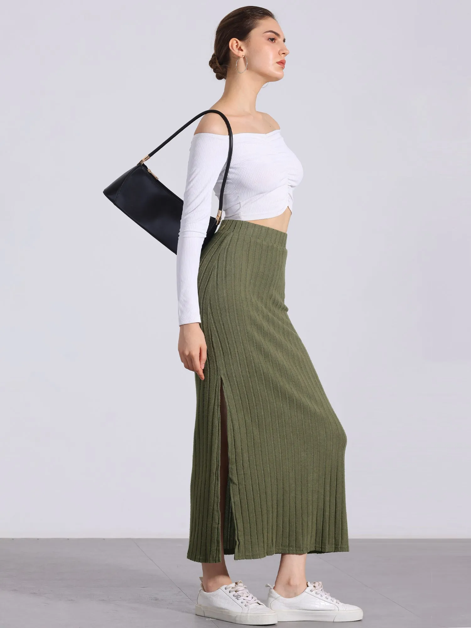 Knitted Textured Solid Color Slit Maxi Pencil Skirt