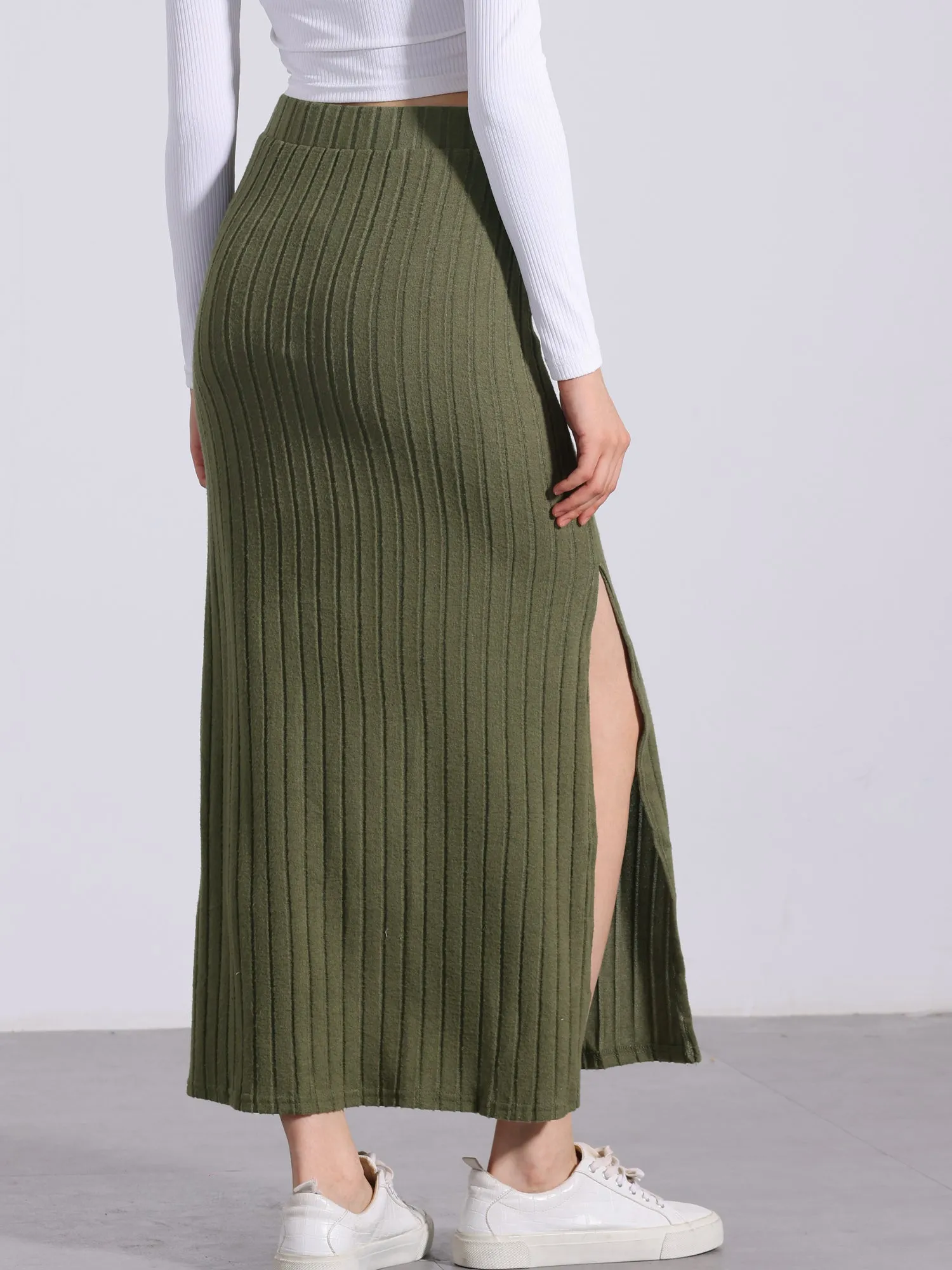 Knitted Textured Solid Color Slit Maxi Pencil Skirt