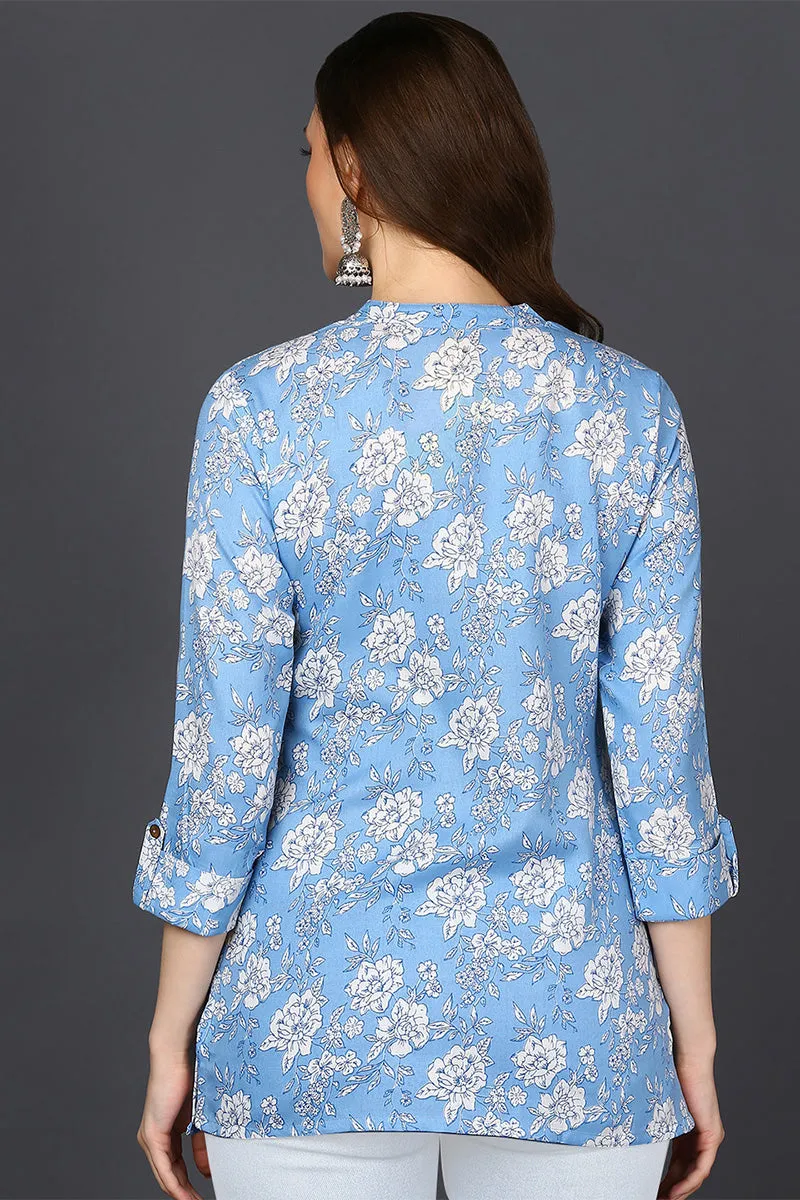 Light Blue Cotton Blend Floral Printed Straight Tunic