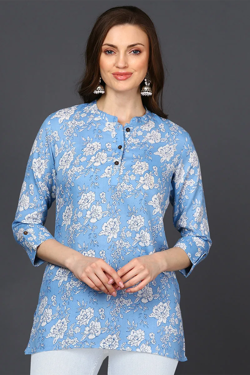 Light Blue Cotton Blend Floral Printed Straight Tunic