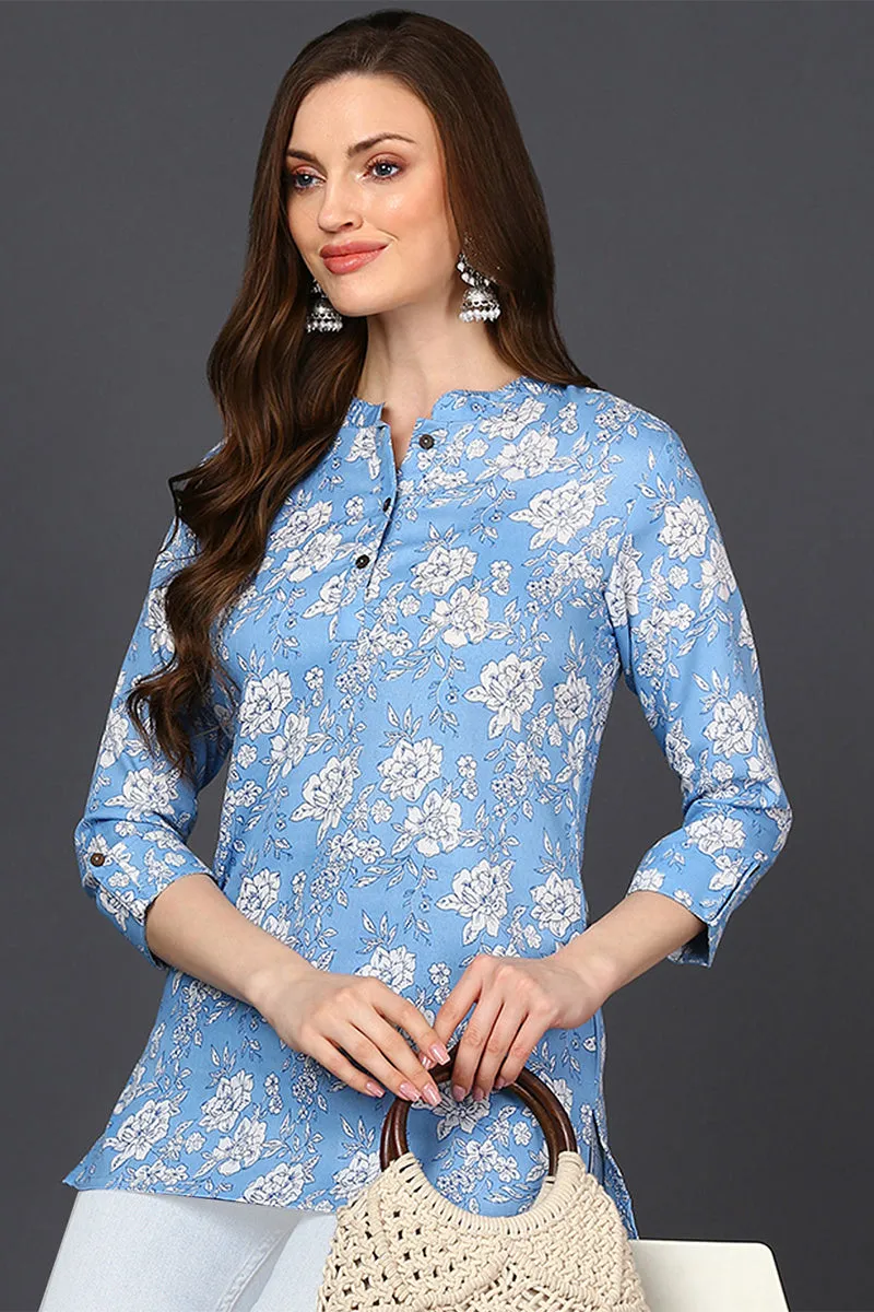 Light Blue Cotton Blend Floral Printed Straight Tunic