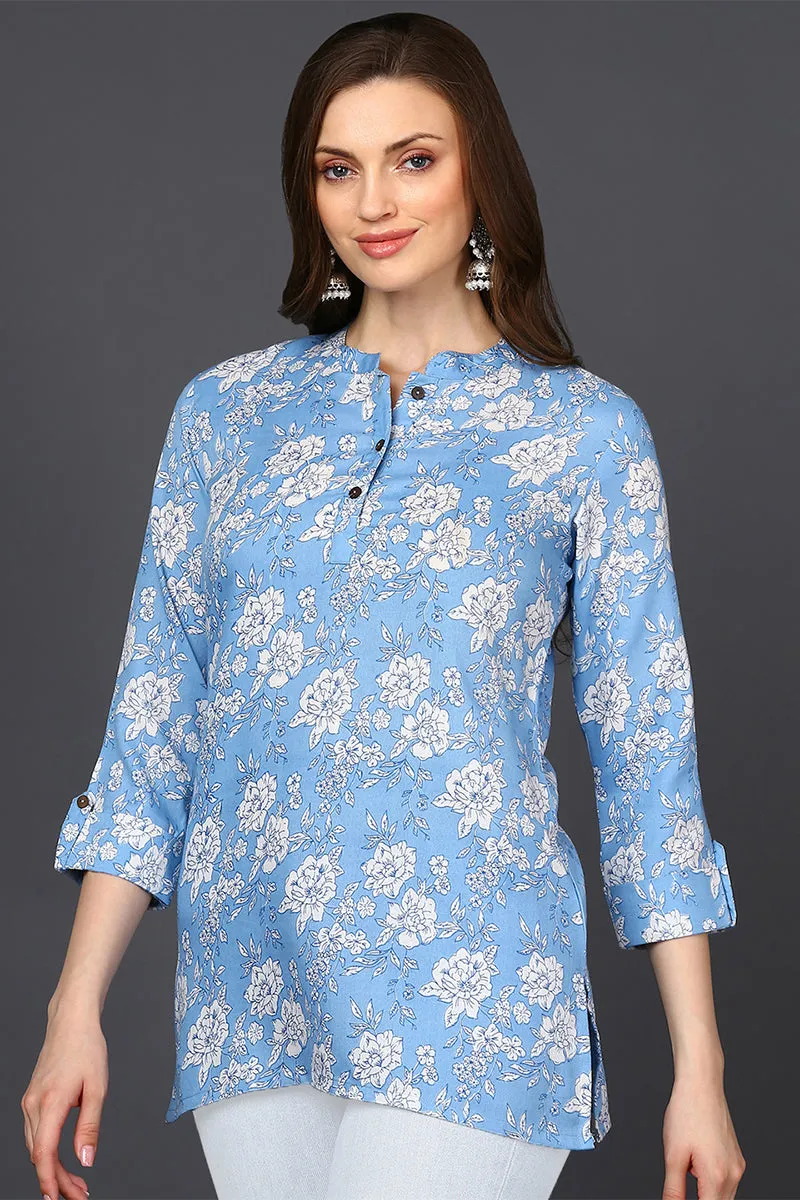 Light Blue Cotton Blend Floral Printed Straight Tunic