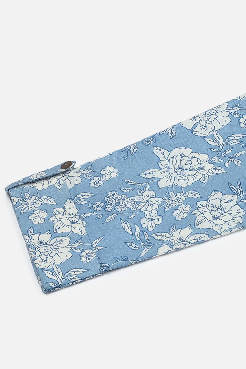Light Blue Cotton Blend Floral Printed Straight Tunic